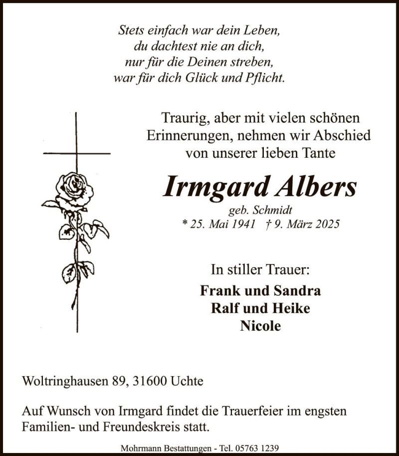  Traueranzeige für Irmgard Albers vom 14.03.2025 aus Die Harke