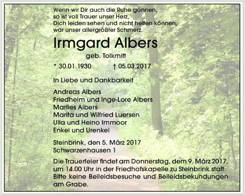  Traueranzeige für Irmgard Albers vom 07.03.2017 aus Die Harke