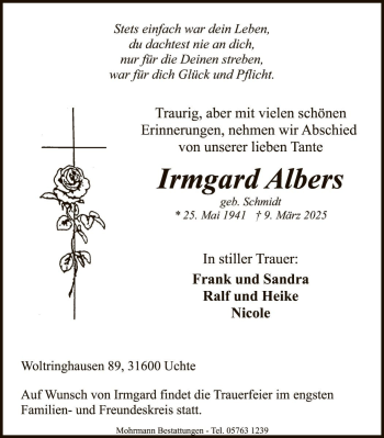 Traueranzeige von Irmgard Albers von Die Harke