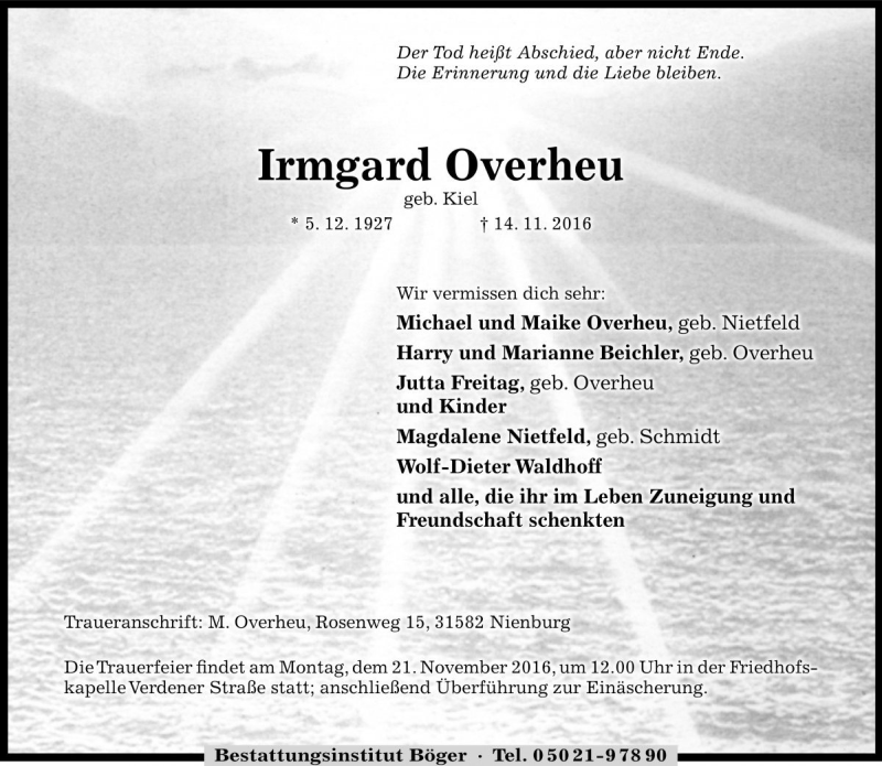  Traueranzeige für Irmgard Overheu vom 16.11.2016 aus Die Harke