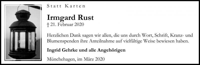  Traueranzeige für Irmgard Rust vom 14.03.2020 aus Die Harke