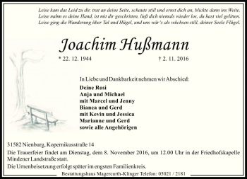 Traueranzeige von Joachim Hußmann von Die Harke