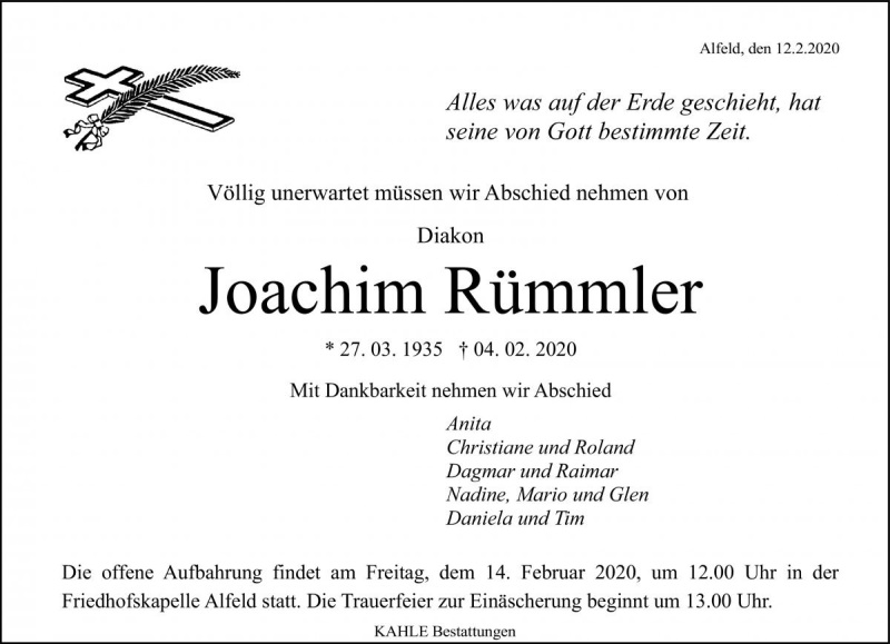  Traueranzeige für Joachim Rümmler vom 12.02.2020 aus Die Harke