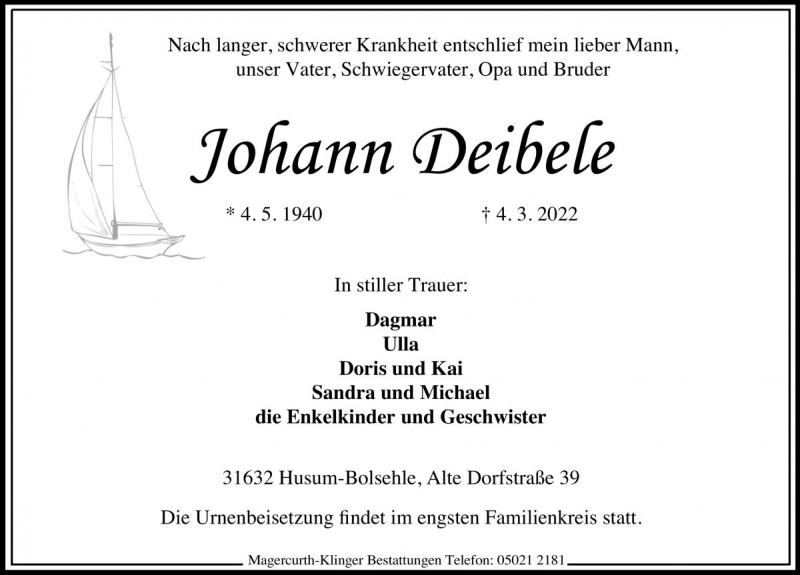  Traueranzeige für Johann Deibele vom 08.03.2022 aus Die Harke