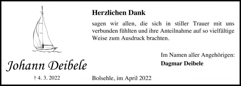  Traueranzeige für Johann Deibele vom 16.04.2022 aus Die Harke