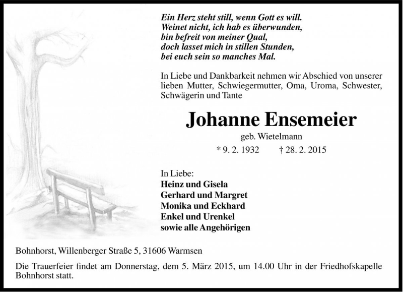  Traueranzeige für Johanne Ensemeier vom 02.03.2015 aus Die Harke