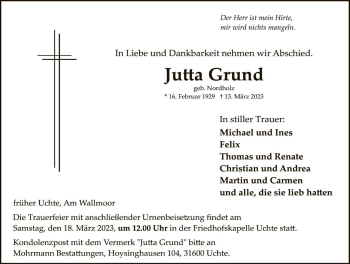 Traueranzeige von Jutta Grund von Die Harke