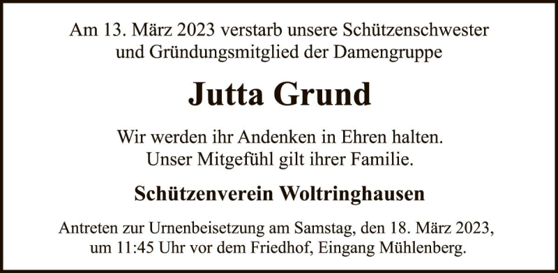  Traueranzeige für Jutta Grund vom 17.03.2023 aus Die Harke