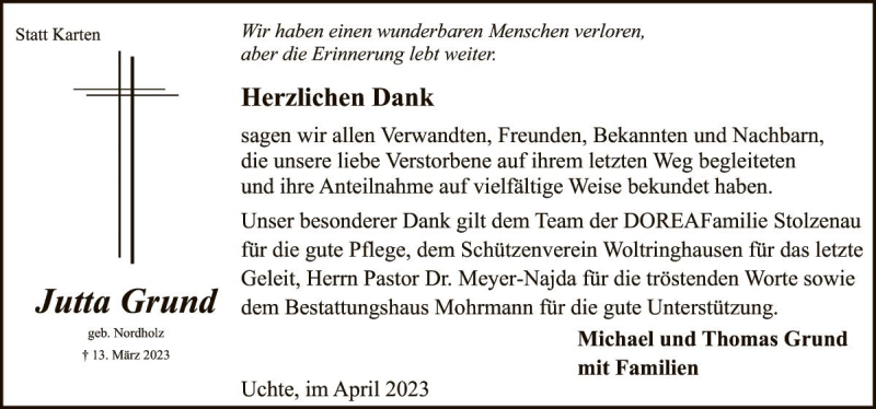  Traueranzeige für Jutta Grund vom 29.04.2023 aus Die Harke