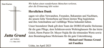 Traueranzeige von Jutta Grund von Die Harke