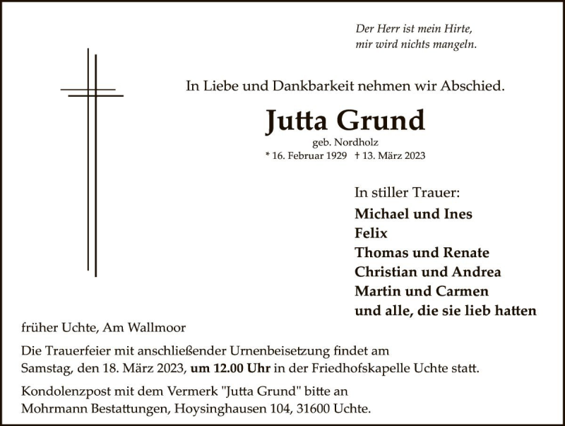  Traueranzeige für Jutta Grund vom 16.03.2023 aus Die Harke
