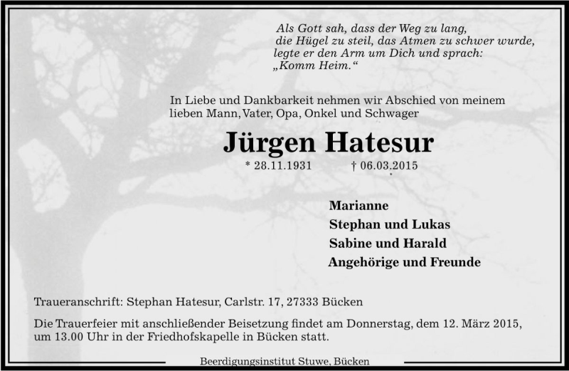  Traueranzeige für Jürgen Hatesur vom 09.03.2015 aus Die Harke