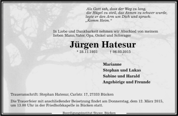 Traueranzeige von Jürgen Hatesur von Die Harke