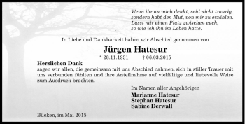 Traueranzeige von Jürgen Hatesur von Die Harke