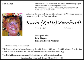 Traueranzeige von Karin Bernhardt von Die Harke
