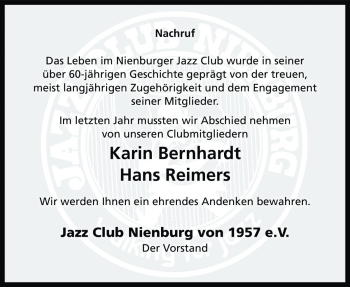 Traueranzeige von Karin Bernhardt von Die Harke