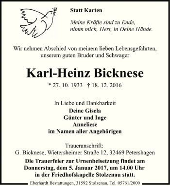 Traueranzeige von Karl-Heinz Bicknese von Die Harke