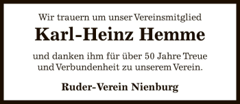 Traueranzeige von Karl-Heinz Hemme von Die Harke