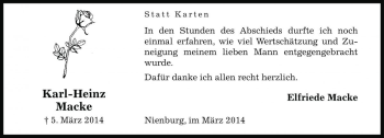 Traueranzeige von Karl-Heinz Macke von Die Harke