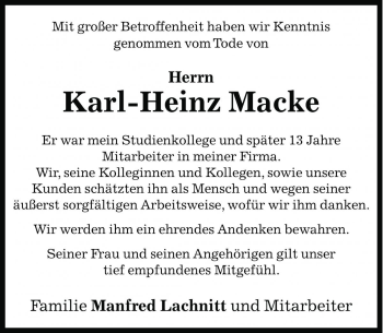 Traueranzeige von Karl-Heinz Macke von Die Harke