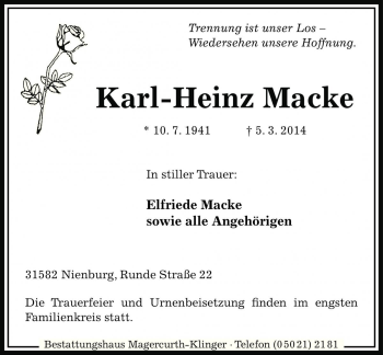 Traueranzeige von Karl-Heinz Macke von Die Harke