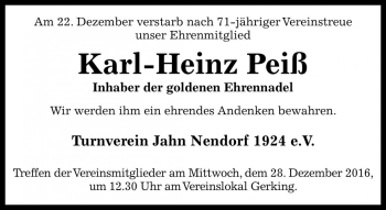 Traueranzeige von Karl-Heinz Peiß von Die Harke