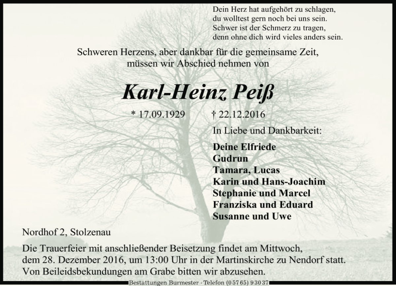  Traueranzeige für Karl-Heinz Peiß vom 24.12.2016 aus Die Harke