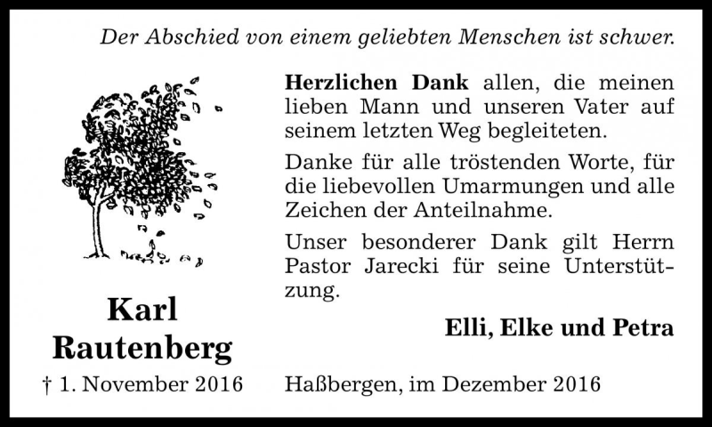  Traueranzeige für Karl Rautenberg vom 24.12.2016 aus Die Harke