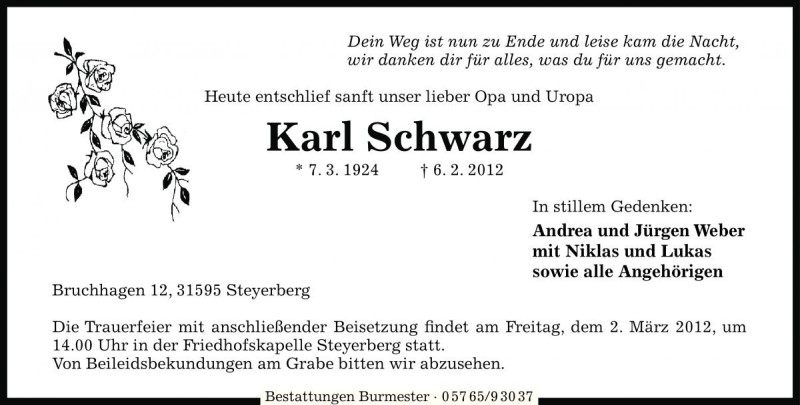  Traueranzeige für Karl Schwarz vom 25.02.2012 aus Die Harke