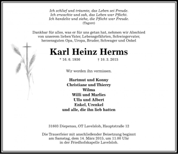 Traueranzeige von Karl Heinz Herms von Die Harke
