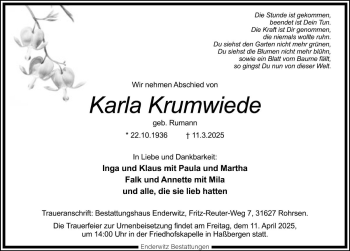 Traueranzeige von Karla Krumwiede von Die Harke
