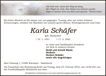 Traueranzeige von Karla Schäfer von Die Harke