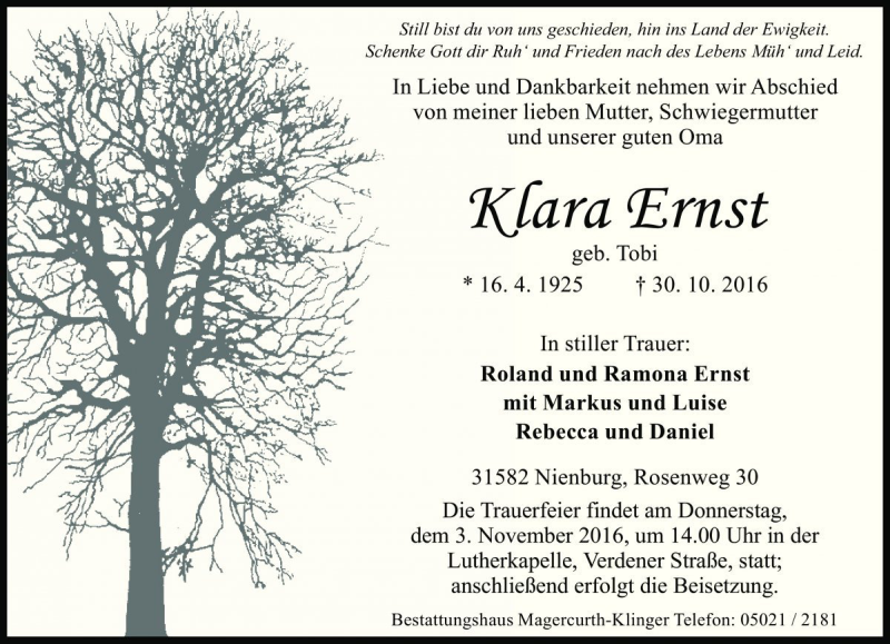  Traueranzeige für Klara Ernst vom 01.11.2016 aus Die Harke