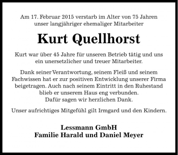 Traueranzeige von Kurt Quellhorst von Die Harke