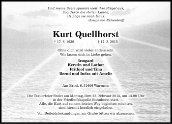 Traueranzeige von Kurt Quellhorst von Die Harke