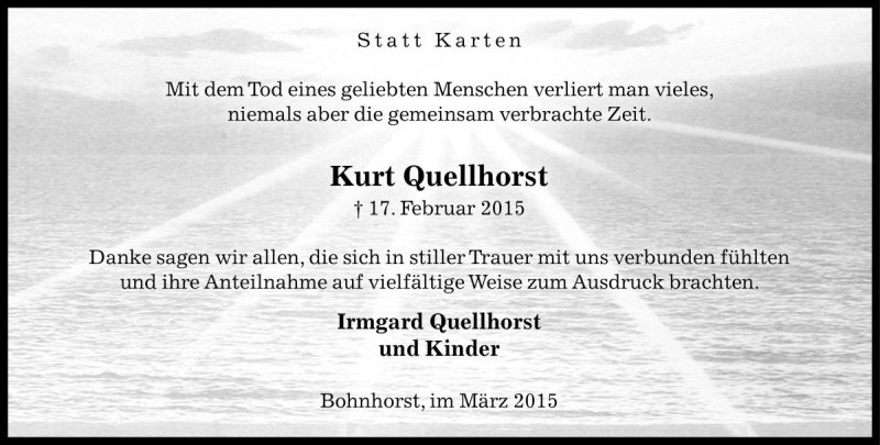  Traueranzeige für Kurt Quellhorst vom 21.03.2015 aus Die Harke