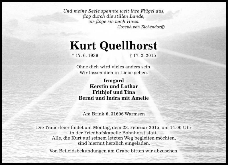  Traueranzeige für Kurt Quellhorst vom 19.02.2015 aus Die Harke