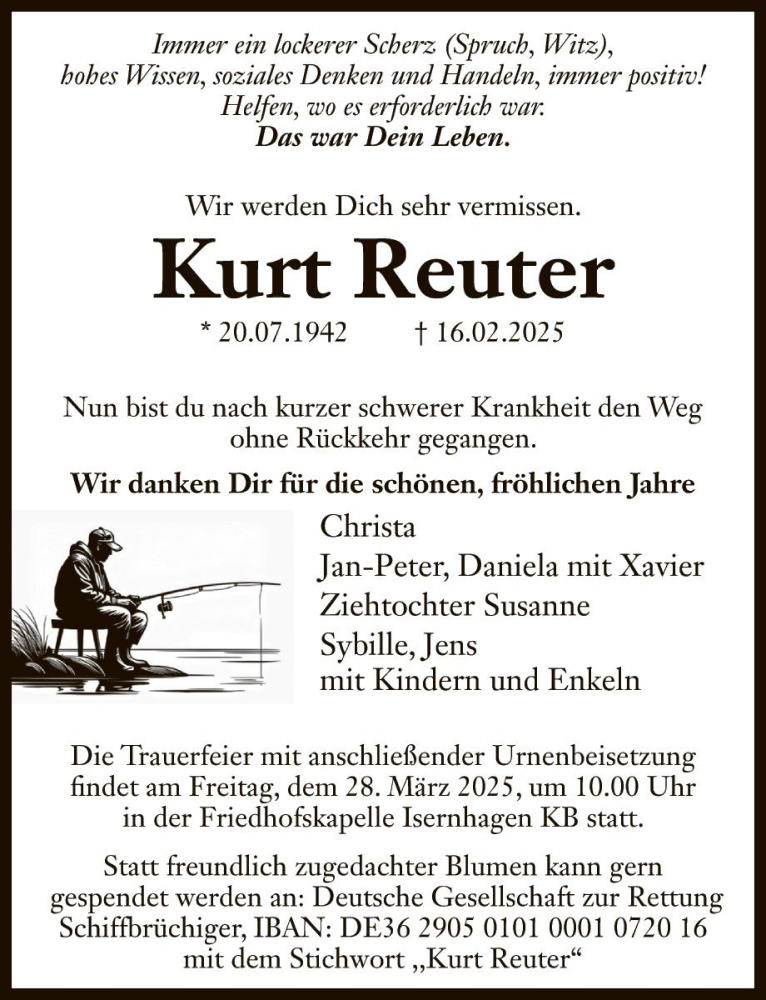  Traueranzeige für Kurt Reuter vom 19.03.2025 aus Die Harke