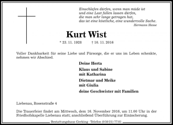 Traueranzeige von Kurt Wist von Die Harke