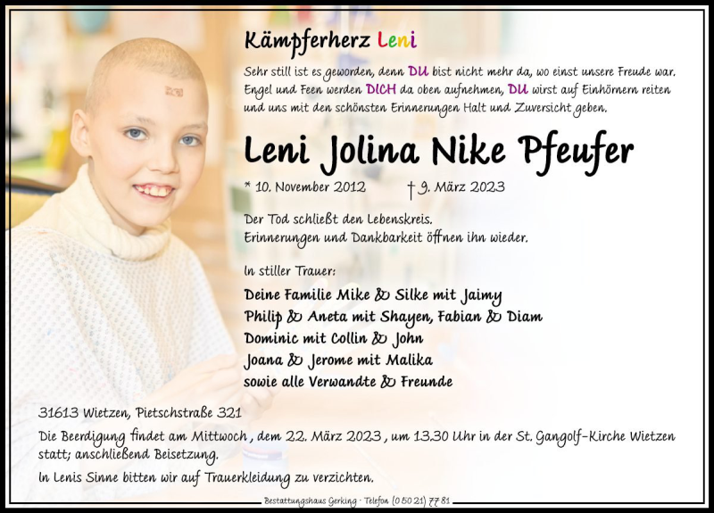  Traueranzeige für Leni Pfeufer vom 18.03.2023 aus Die Harke