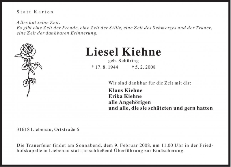  Traueranzeige für Liesel Kiehne vom 06.02.2008 aus Die Harke