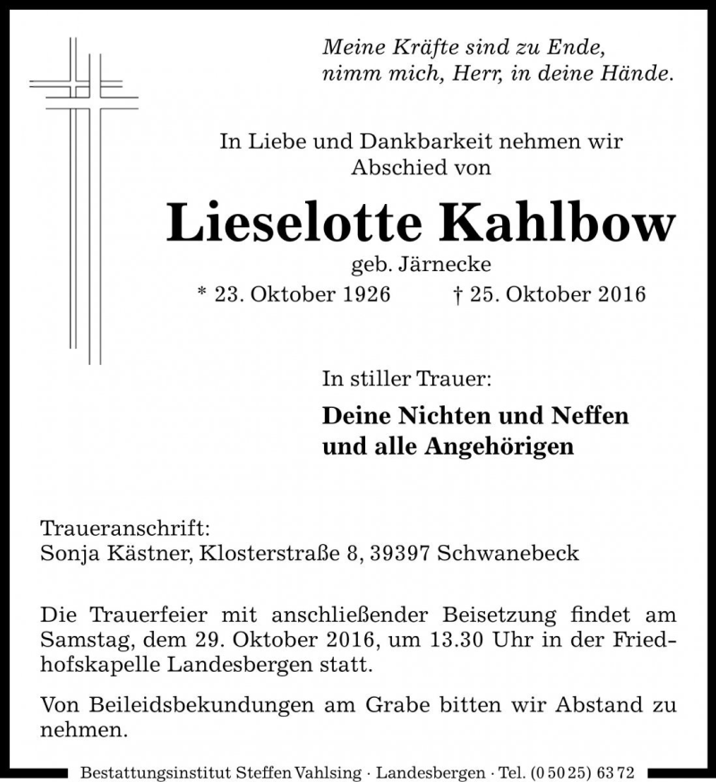  Traueranzeige für Lieselotte Kahlbow vom 27.10.2016 aus Die Harke