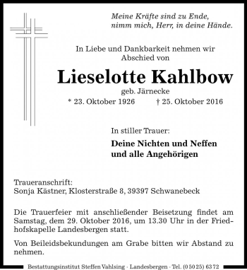 Traueranzeige von Lieselotte Kahlbow von Die Harke