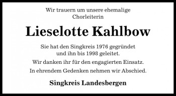 Traueranzeige von Lieselotte Kahlbow von Die Harke