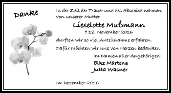 Traueranzeige von Lieselotte Mußmann von Die Harke