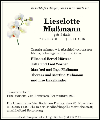 Traueranzeige von Lieselotte Mußmann von Die Harke