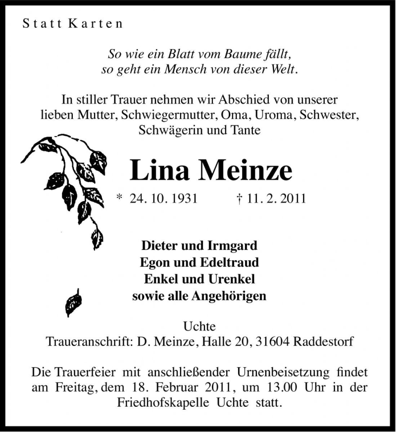  Traueranzeige für Lina Meinze vom 14.02.2011 aus Die Harke