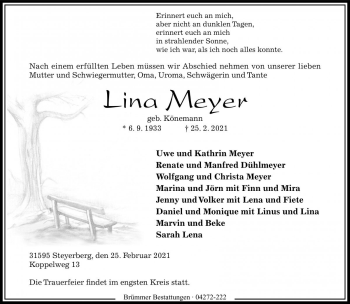 Traueranzeige von Lina Meyer von Die Harke