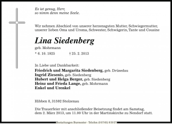 Traueranzeige von Lina Siedenberg von Die Harke