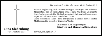Traueranzeige von Lina Siedenberg von Die Harke